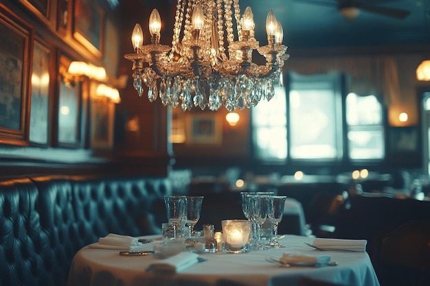 Photo a crystal chandelier hangs above a dimly lit restaurant table