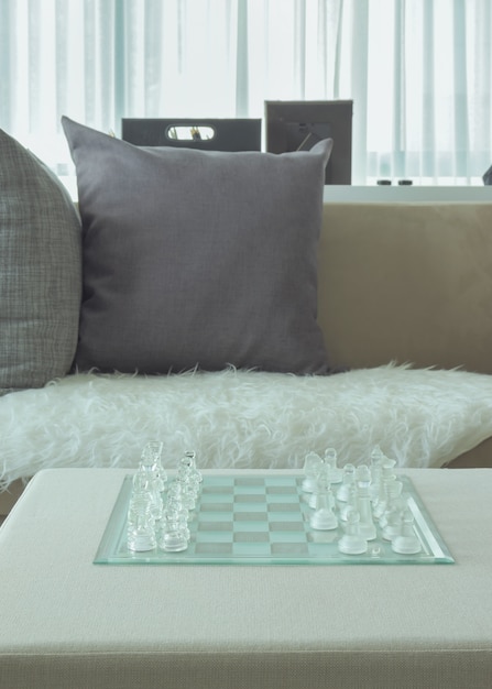 Crystal chase on table next to sofa in the living room