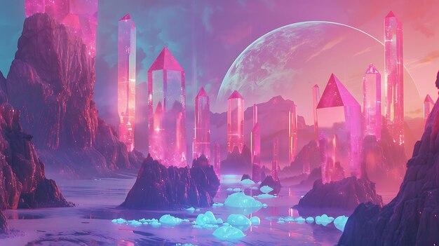 Photo crystal cityscape on a distant planet