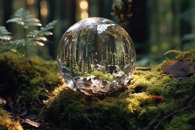 Photo a crystal clear ball on the ground in the forest generative ai