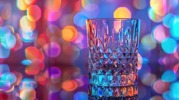 Crystal clear glass with colorful bokeh background reflecting vibrant light patterns perfect for festive or celebration themes