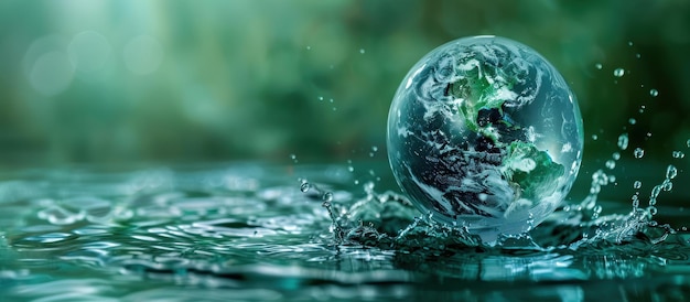 Photo crystal clear globe floating on water surface with green nature background representing environmental conservation