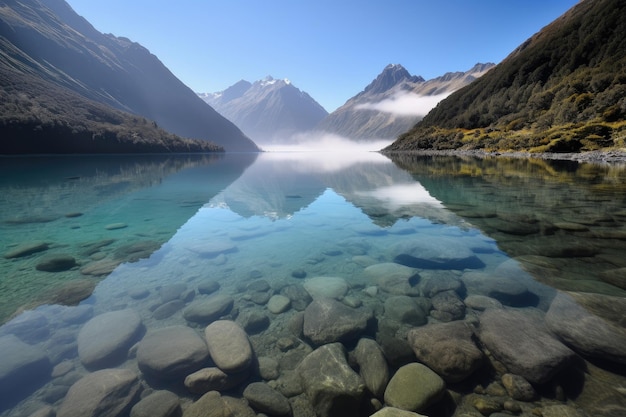 Crystal clear lake surrounded by towering peaks with mist in the air created with generative ai