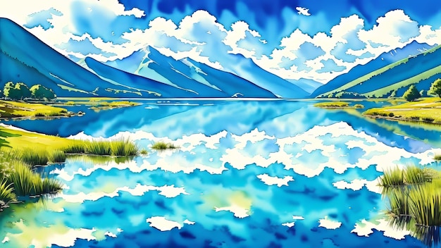 Crystal clear lakes located in the mountains A combination of beauty and tranquility of mountain nature Watercolor illustration AI Generated