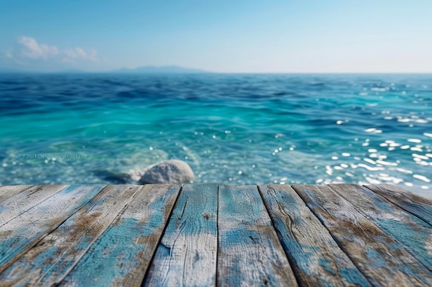 Crystal Clear Turquoise Sea from Wooden Pier Perspective on Sunny Day with Blue Sky