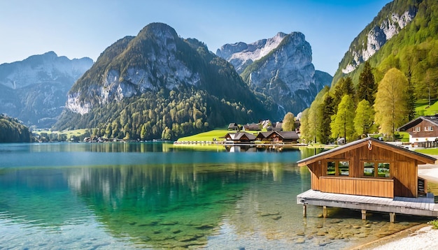 Photo crystal clear water and alps in the background with the bungalow on water