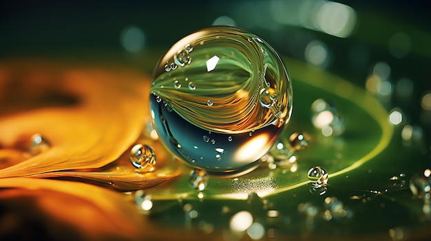 Crystal clear water droplet on vibrant leaf with intricate reflections