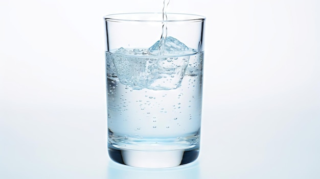 Crystal clear water filling glass causing a splash against a white background Evokes a sense of purity and refreshment Concept of clean drinking water health ecology and refreshment