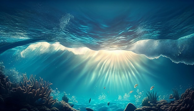 Crystal Clear Water Underwater Waves in Ocean with Sun Rays on Island Generative AI