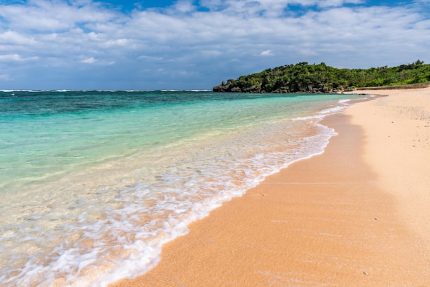 Crystal clear waves breaking along the shore on a idyllic beach on a sunny day