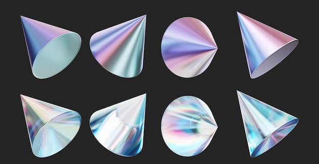 Crystal cone shape set isolated on black background 3d rendering without AI generated