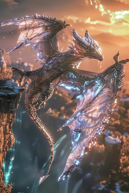 Photo a crystal dragon with wings that reflect the light like mirrors soars above a fantasy landscape the film style showcases the dragon39s ethereal beauty and the way light dances off its scales