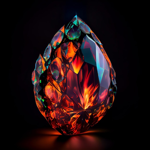 Crystal fire opal gem isolated on black background