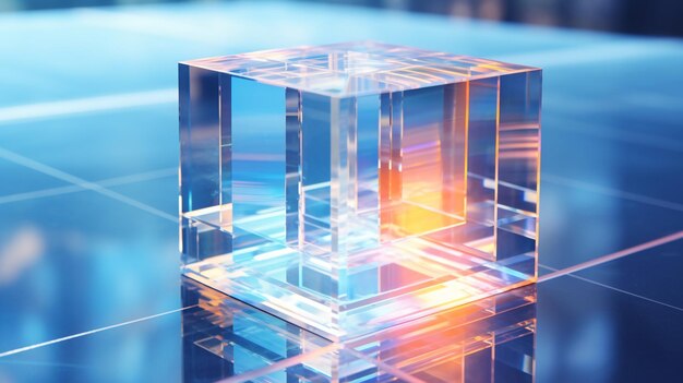 crystal glass cube with refraction and holograph