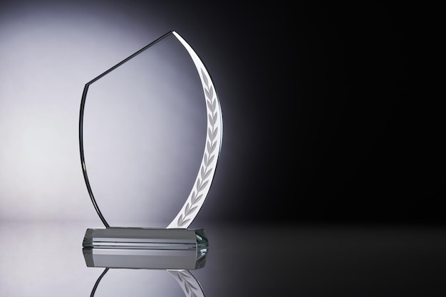 Crystal or glass trophy against gray background