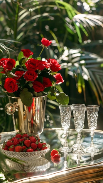 Crystal glasses for champagne on a glass table red roses and a dish with strawberries