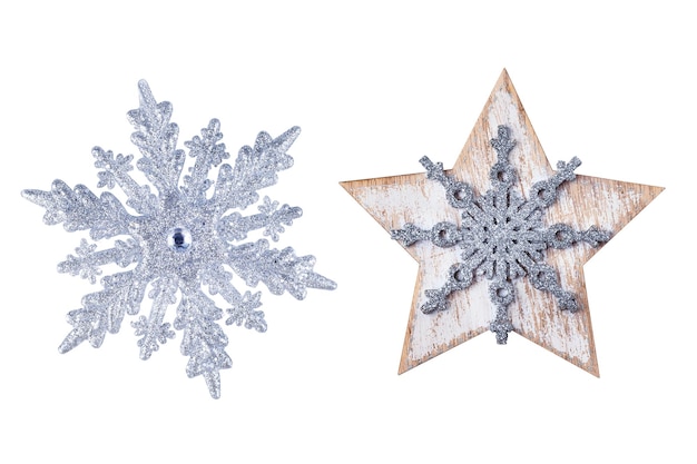 Crystal glittering and wooden Christmas snowflake isolated on white background Set of snowflakes for design and collage