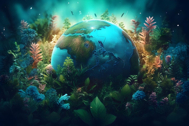 Crystal globe on ferns in green grass forest Environment save the World earth day