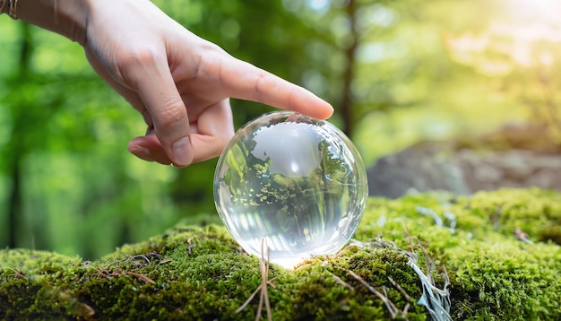 The crystal globe on moss in a forest is an environment day concept