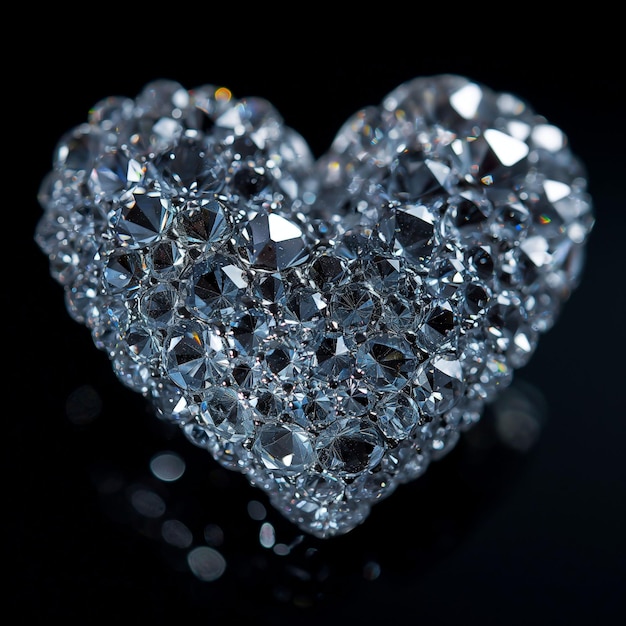 A crystal heart made out of little diamonds and shiny rocks on black background themes of love and valentines day romantic gift for partner