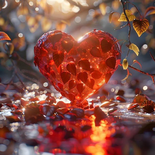 A crystal heart sits on a bed of red leaves