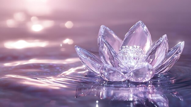 Photo crystal lotus flower floating on rippling water with a soft pink background and bokeh