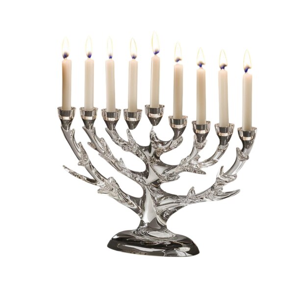 Crystal menorah with a sleek design and lit candles