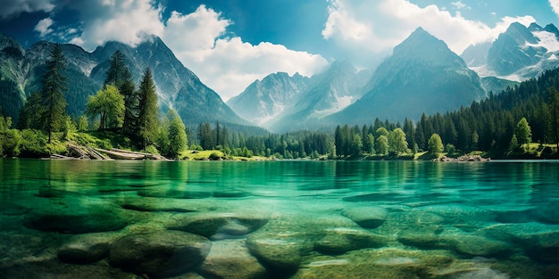 Crystal Mountain Lake panoramic view of colorful crystal clear water in a rocky bay with towering