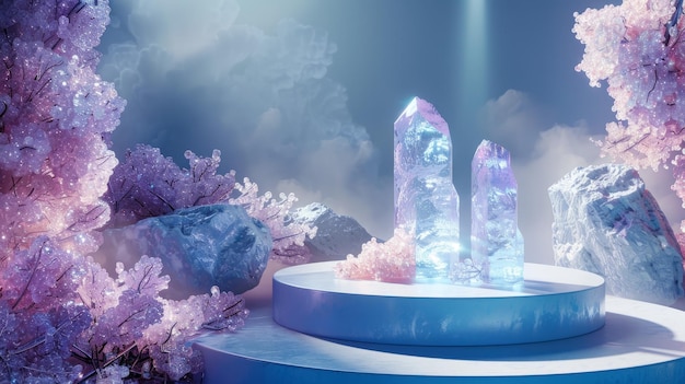 Photo crystal podium display with diamond background and glass elements in a dreamy setting