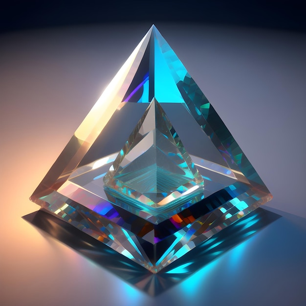 A crystal pyramid on a table with a blue background