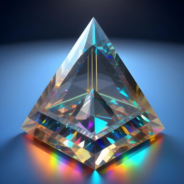 A crystal pyramid on a table with a blue background