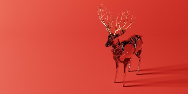 Crystal reindeer statue sculpture on red background for Christmas and New year party with copy space Holiday and seasonal concept 3D illustration rendering