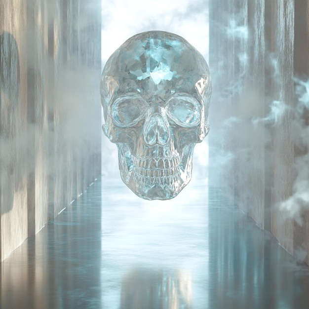 a crystal skull floating in midair