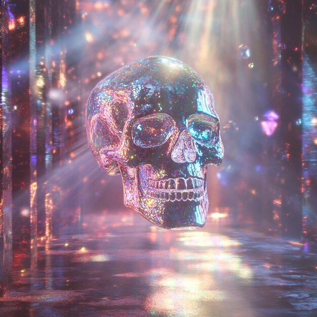 a crystal skull floating in midair