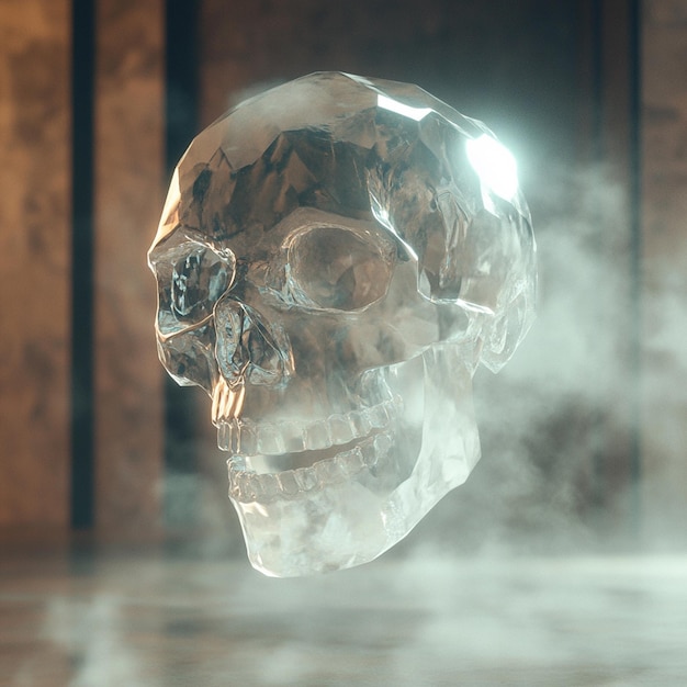 a crystal skull floating in midair