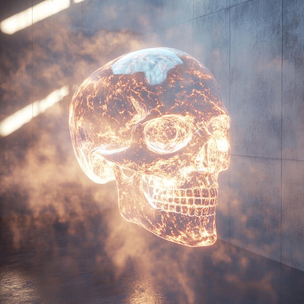 a crystal skull floating in midair