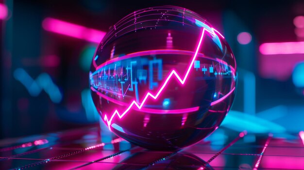 Photo a crystal sphere displaying a pink upward trend line graph