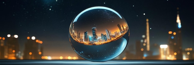 Photo a crystal sphere sits on a surface reflecting a futuristic cityscape against a backdrop of a s