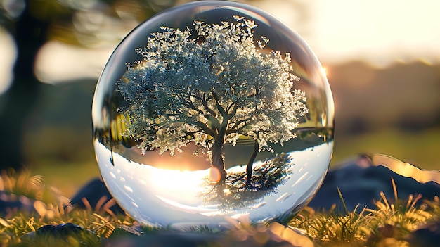 crystal sphere with a Tabebuia tree inside daylight 3D style