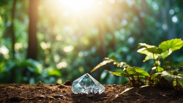 crystal stones on the ground with a rainforest background with shining sunlight