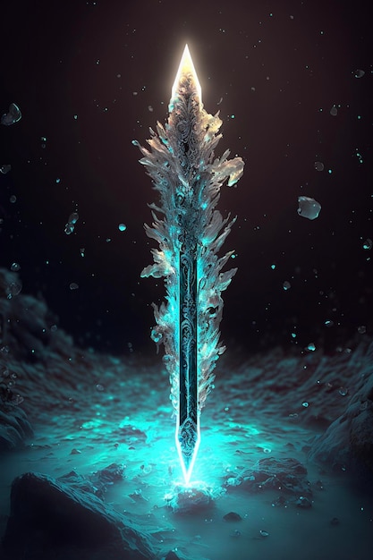 Crystal sword in the middle of a body of water generative ai