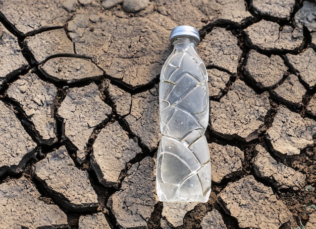 crystal Water bottle on dry soil with dry and cracked soil