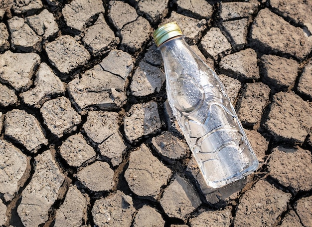 crystal Water bottle on dry soil with dry and cracked soil