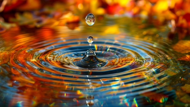 A crystalclear droplet dances midair sunlight catching its iridescence as it plunges into a serene pond