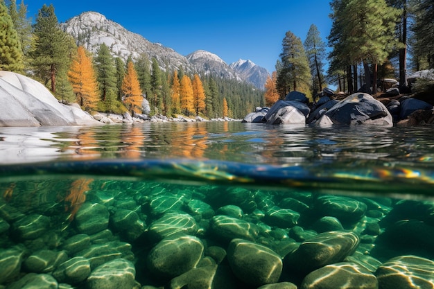 Crystalclear lake reflecting the glowing trees above