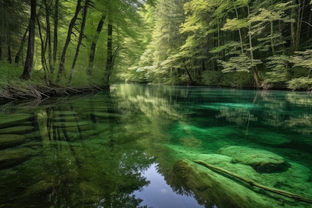 Crystalclear lake surrounded by lush green forest created with generative ai