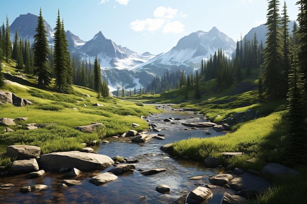 Crystalclear river flowing through a mountain valley