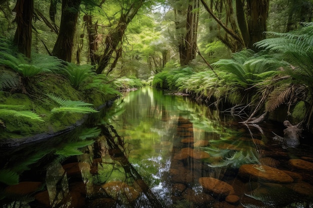 Crystalclear stream flowing past forest oasis with reflections of the trees in the water