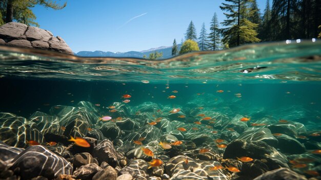 Photo crystalclear underwater view of a tranquil lake with fish rocks and mountain scenery