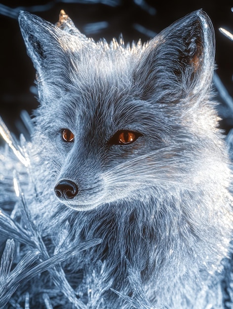 Photo crystalcoated fox with fur that refracts light like a prism